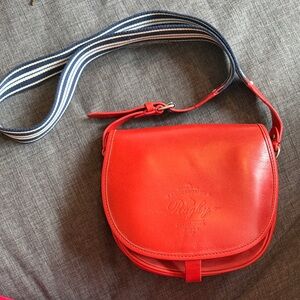 Rugby Ralph Lauren Leather Red Saddle Bag with Blue and White Striped Strap